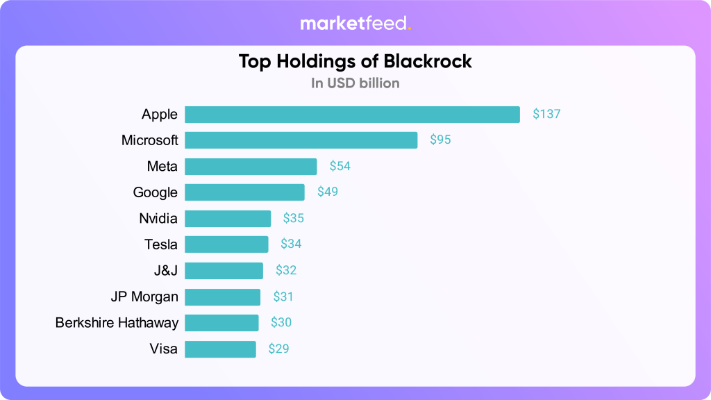 Horizontal bar graph showing top holdings of Black rock. lead by Apple with 137 billion followed by microsoft, meta, google